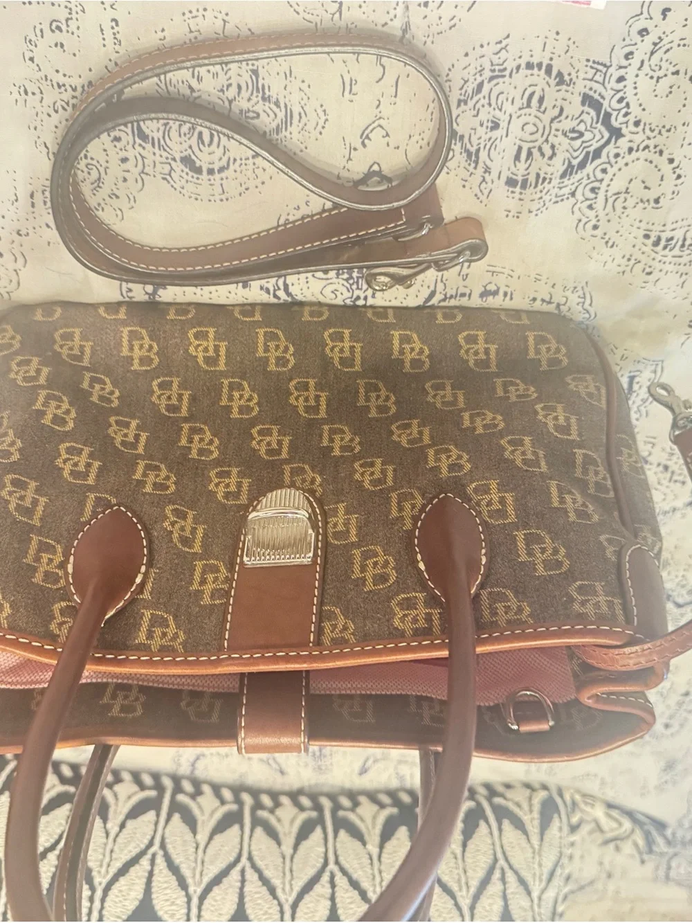 Dooney & Bourke Vintage Brown Monogram Jacquard Leather Satchel - Picture 6 of 11